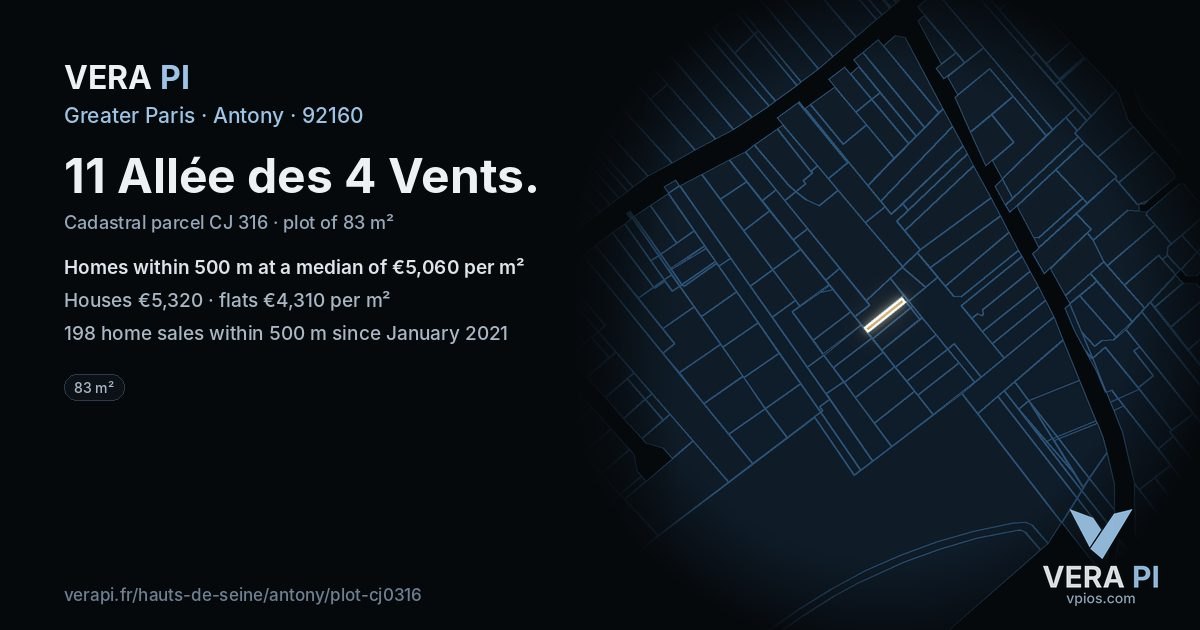 11 Allée des 4 Vents, Antony at night – the plot lit, the parcels around coloured by the prices near them