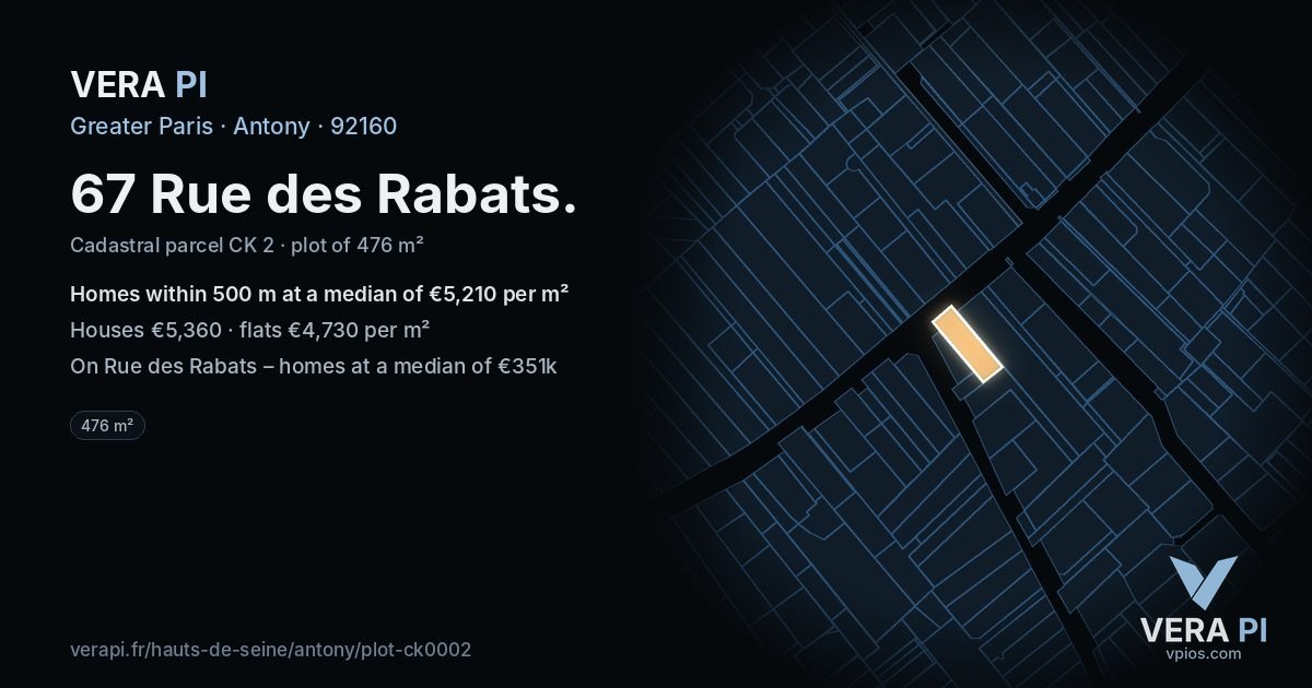 67 Rue des Rabats, Antony at night – the plot lit, the parcels around coloured by the prices near them