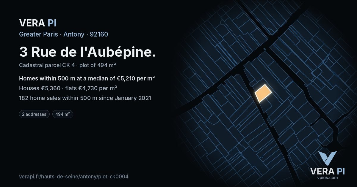 3 Rue de l'Aubépine, Antony at night – the plot lit, the parcels around coloured by the prices near them