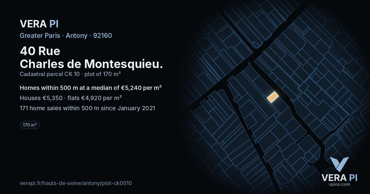 40 Rue Charles de Montesquieu, Antony at night – the plot lit, the parcels around coloured by the prices near them