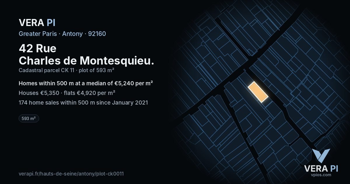 42 Rue Charles de Montesquieu, Antony at night – the plot lit, the parcels around coloured by the prices near them