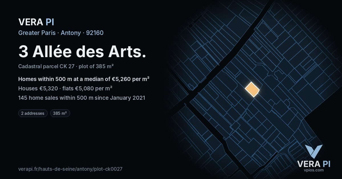 3 Allée des Arts, Antony at night – the plot lit, the parcels around coloured by the prices near them