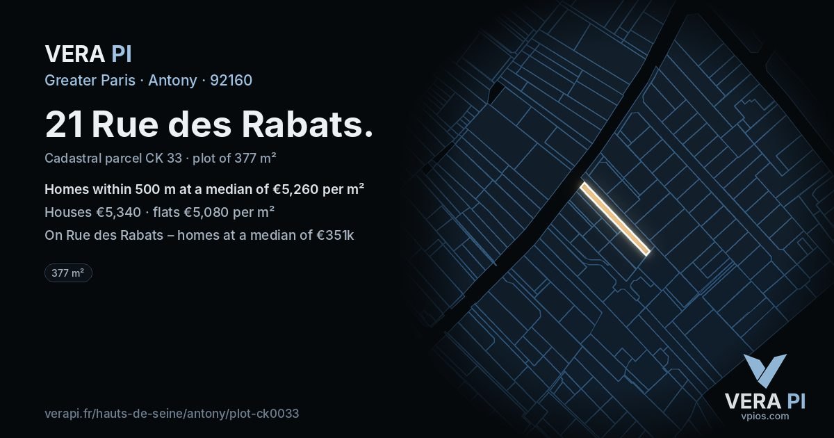 21 Rue des Rabats, Antony at night – the plot lit, the parcels around coloured by the prices near them