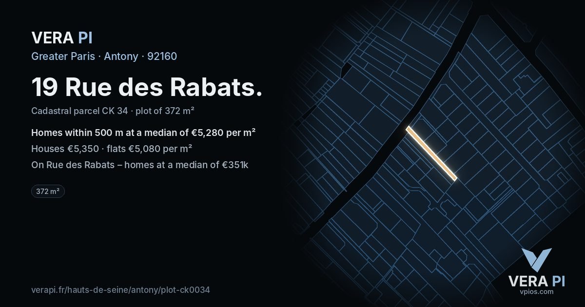 19 Rue des Rabats, Antony at night – the plot lit, the parcels around coloured by the prices near them
