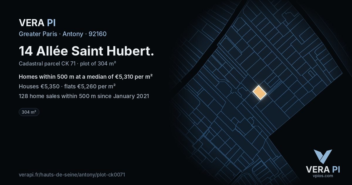 14 Allée Saint Hubert, Antony at night – the plot lit, the parcels around coloured by the prices near them