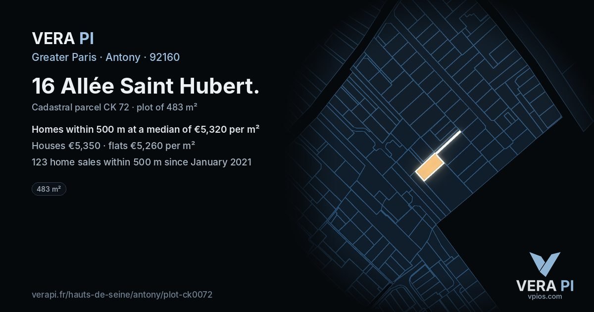 16 Allée Saint Hubert, Antony at night – the plot lit, the parcels around coloured by the prices near them