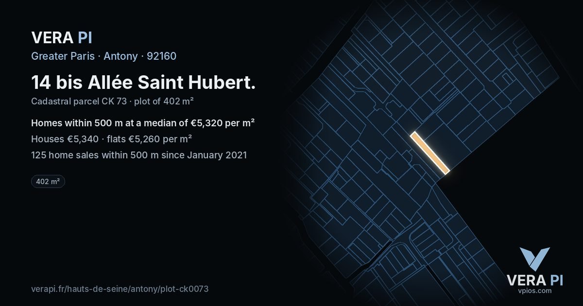 14 bis Allée Saint Hubert, Antony at night – the plot lit, the parcels around coloured by the prices near them