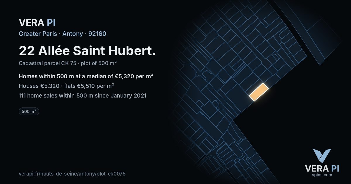 22 Allée Saint Hubert, Antony at night – the plot lit, the parcels around coloured by the prices near them