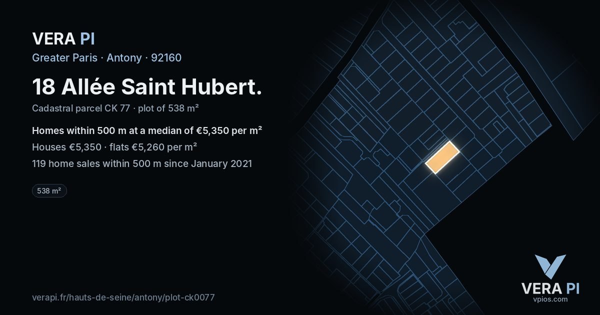 18 Allée Saint Hubert, Antony at night – the plot lit, the parcels around coloured by the prices near them