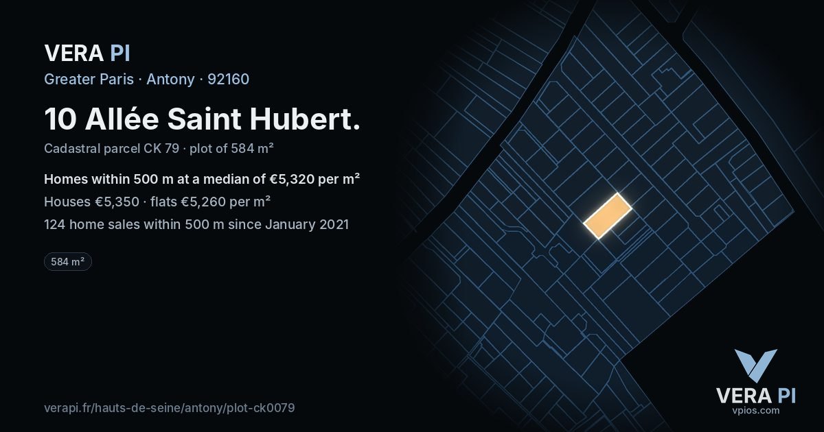 10 Allée Saint Hubert, Antony at night – the plot lit, the parcels around coloured by the prices near them