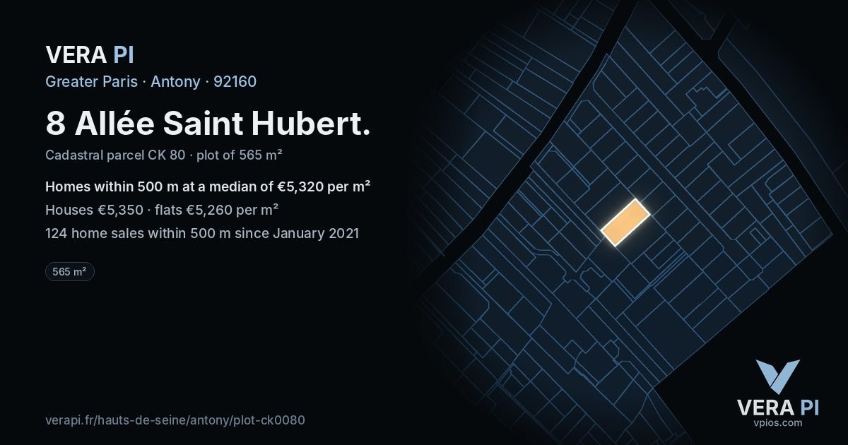 8 Allée Saint Hubert, Antony at night – the plot lit, the parcels around coloured by the prices near them
