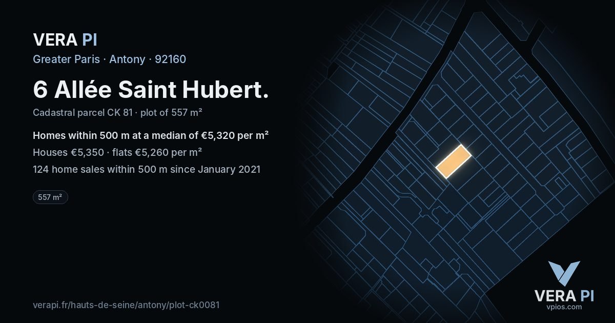 6 Allée Saint Hubert, Antony at night – the plot lit, the parcels around coloured by the prices near them