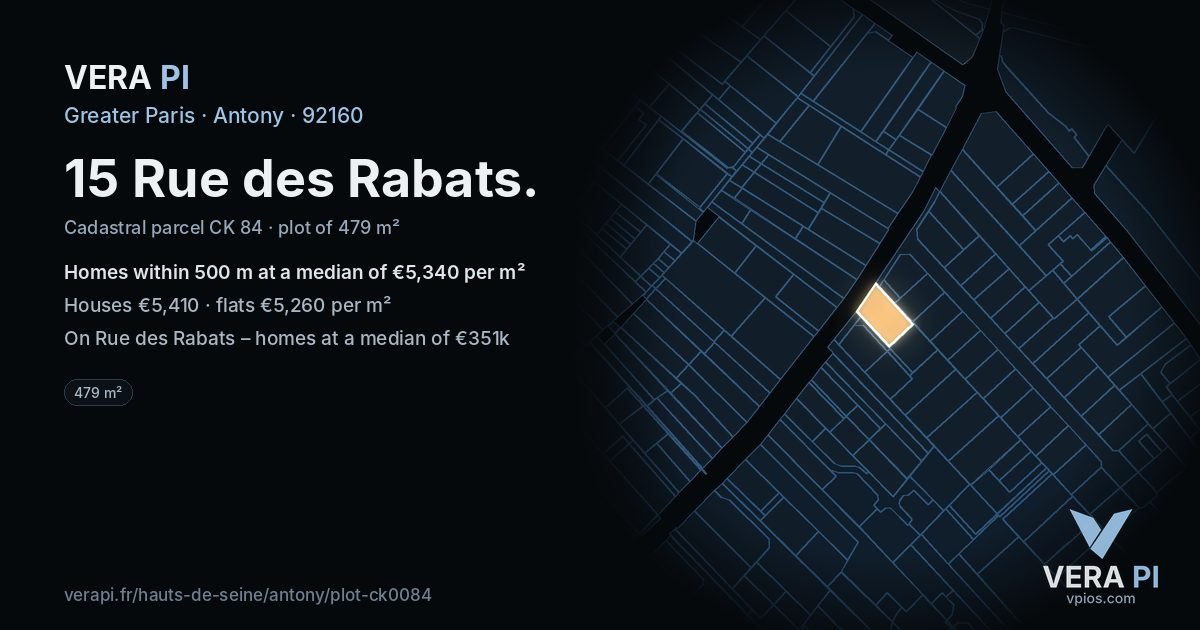 15 Rue des Rabats, Antony at night – the plot lit, the parcels around coloured by the prices near them