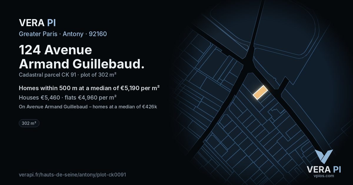 124 Avenue Armand Guillebaud, Antony at night – the plot lit, the parcels around coloured by the prices near them