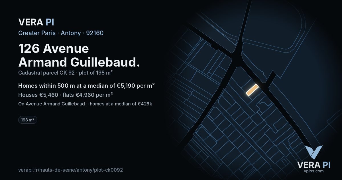 126 Avenue Armand Guillebaud, Antony at night – the plot lit, the parcels around coloured by the prices near them