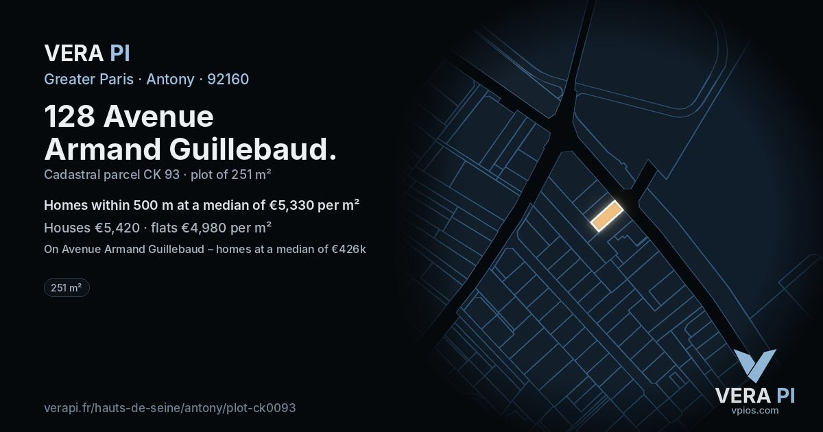 128 Avenue Armand Guillebaud, Antony at night – the plot lit, the parcels around coloured by the prices near them