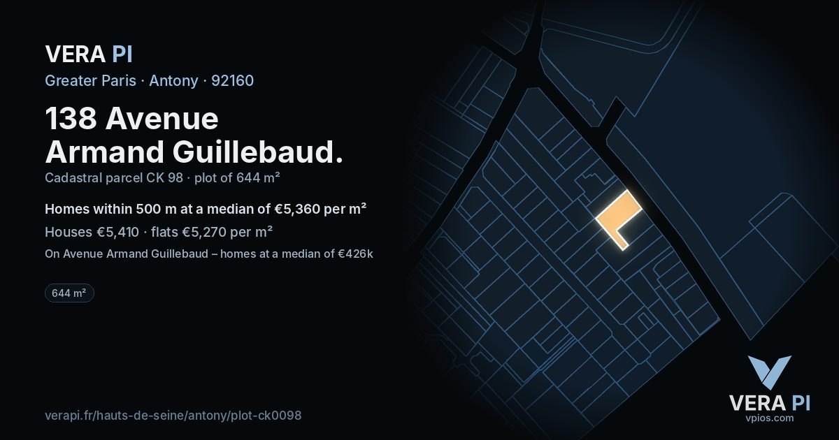 138 Avenue Armand Guillebaud, Antony at night – the plot lit, the parcels around coloured by the prices near them