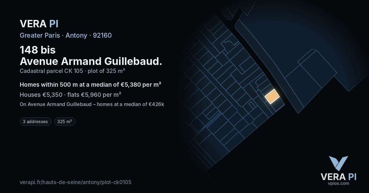 148 bis Avenue Armand Guillebaud, Antony at night – the plot lit, the parcels around coloured by the prices near them