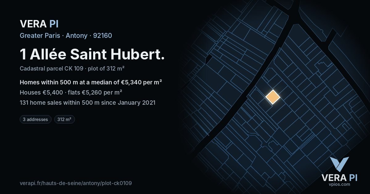 1 Allée Saint Hubert, Antony at night – the plot lit, the parcels around coloured by the prices near them