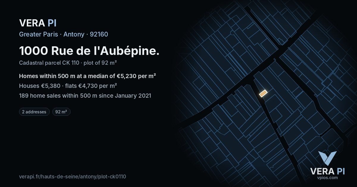 1000 Rue de l'Aubépine, Antony at night – the plot lit, the parcels around coloured by the prices near them