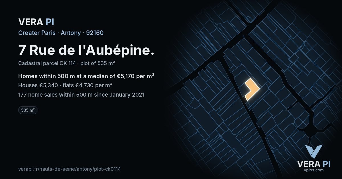 7 Rue de l'Aubépine, Antony at night – the plot lit, the parcels around coloured by the prices near them