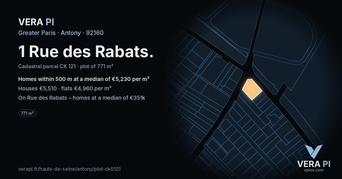 1 Rue des Rabats, Antony at night – the plot lit, the parcels around coloured by the prices near them