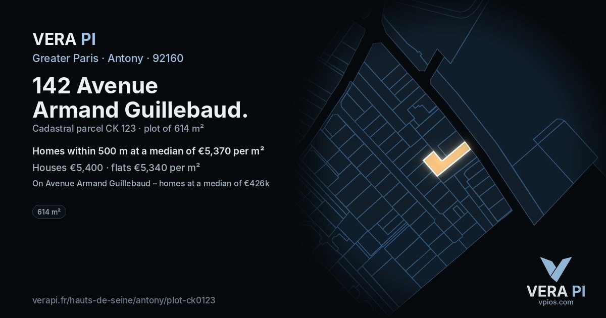 142 Avenue Armand Guillebaud, Antony at night – the plot lit, the parcels around coloured by the prices near them