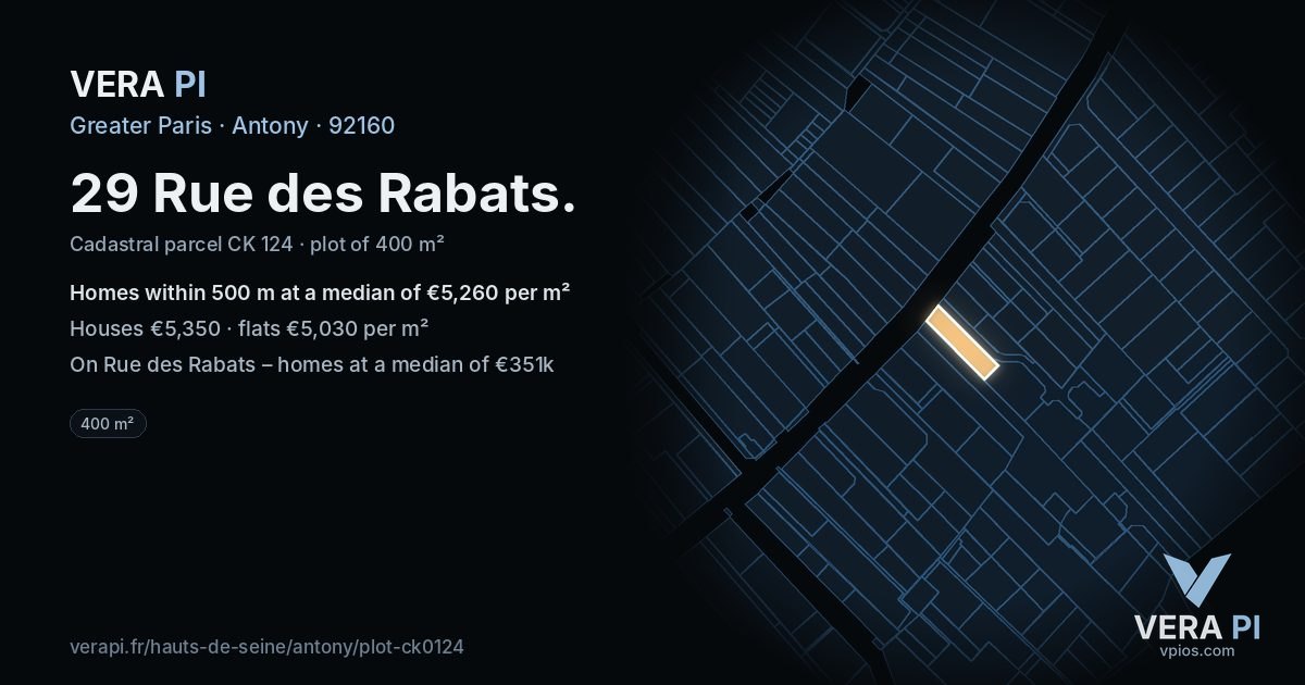 29 Rue des Rabats, Antony at night – the plot lit, the parcels around coloured by the prices near them