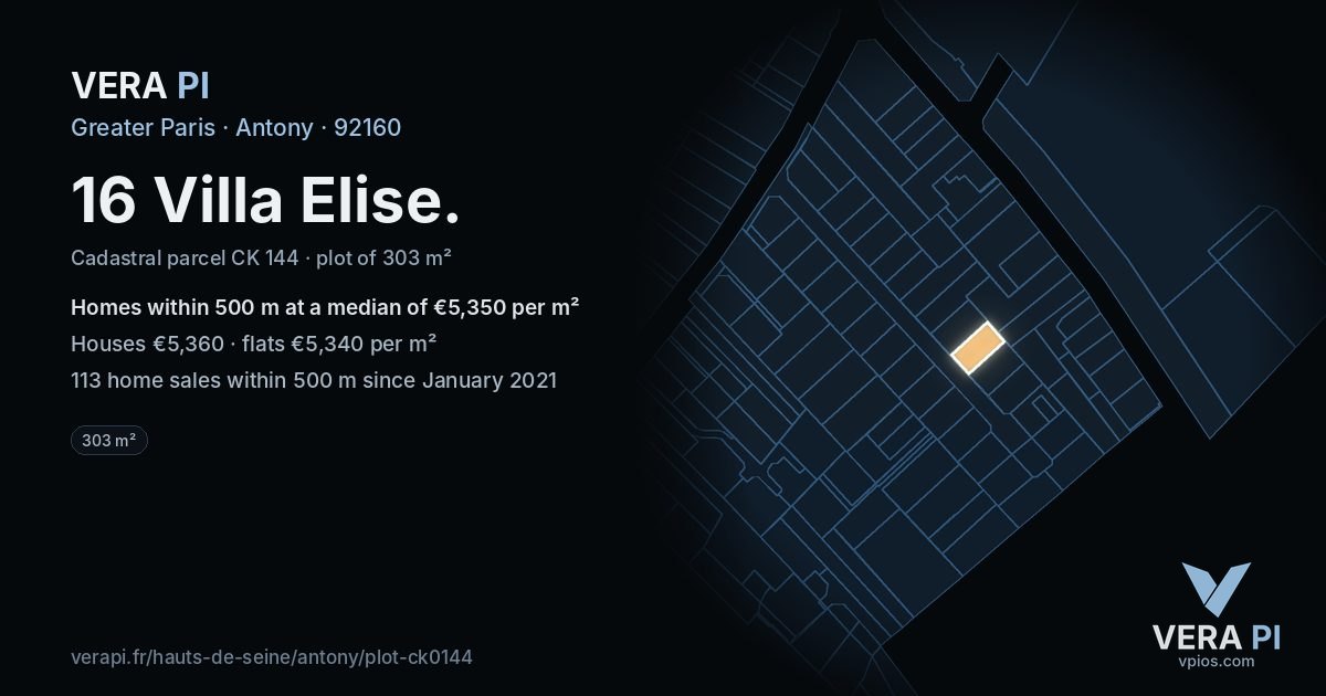 16 Villa Elise, Antony at night – the plot lit, the parcels around coloured by the prices near them