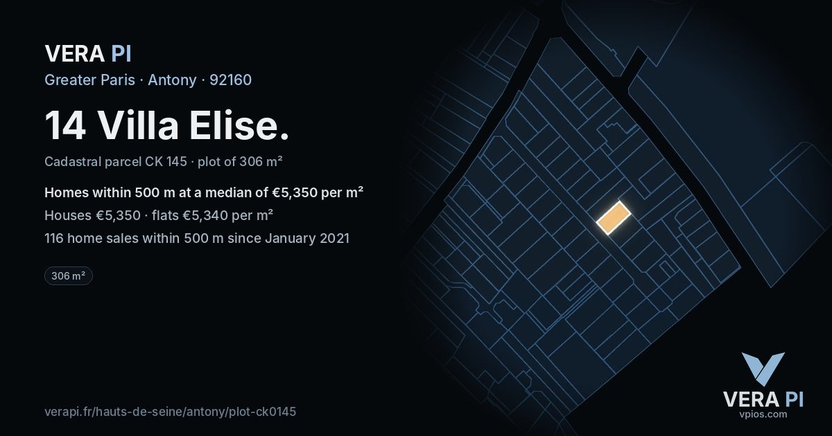 14 Villa Elise, Antony at night – the plot lit, the parcels around coloured by the prices near them
