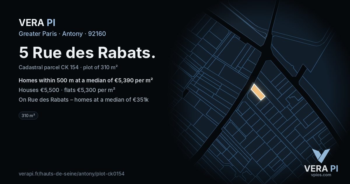 5 Rue des Rabats, Antony at night – the plot lit, the parcels around coloured by the prices near them