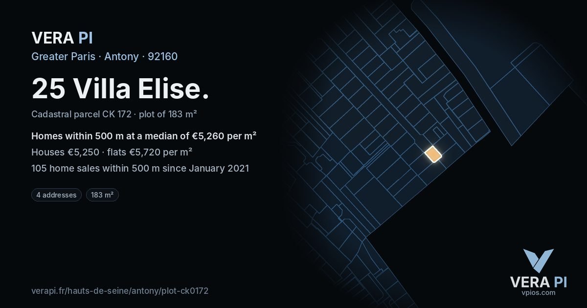 25 Villa Elise, Antony at night – the plot lit, the parcels around coloured by the prices near them
