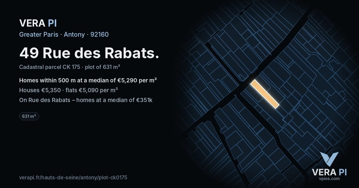49 Rue des Rabats, Antony at night – the plot lit, the parcels around coloured by the prices near them