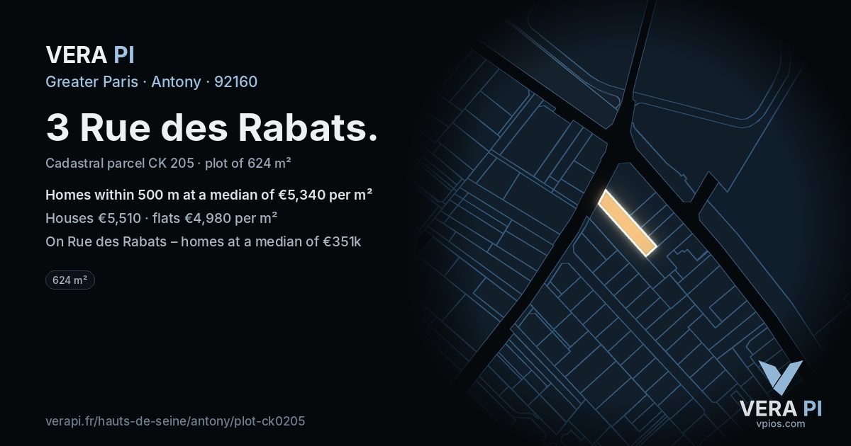 3 Rue des Rabats, Antony at night – the plot lit, the parcels around coloured by the prices near them