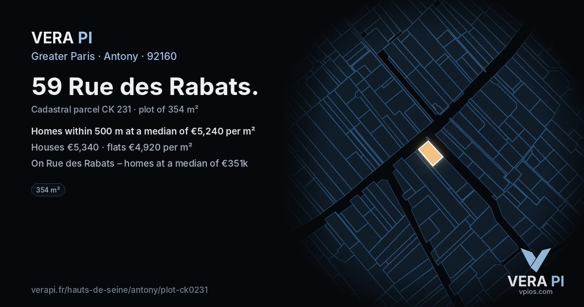 59 Rue des Rabats, Antony at night – the plot lit, the parcels around coloured by the prices near them
