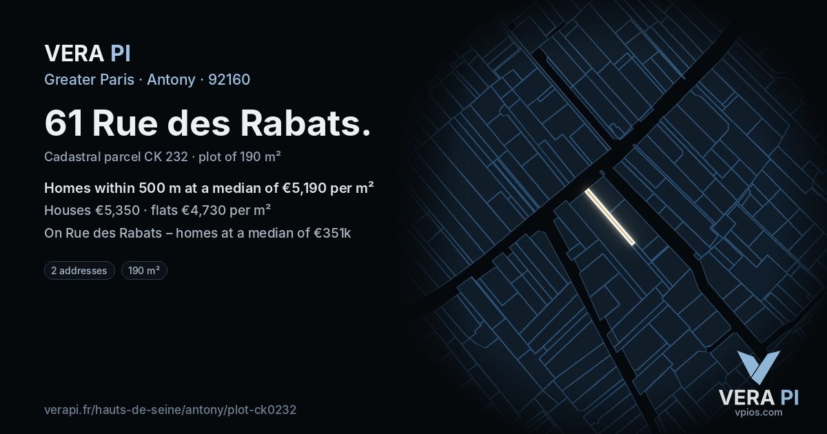 61 Rue des Rabats, Antony at night – the plot lit, the parcels around coloured by the prices near them