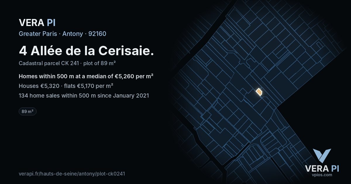 4 Allée de la Cerisaie, Antony at night – the plot lit, the parcels around coloured by the prices near them