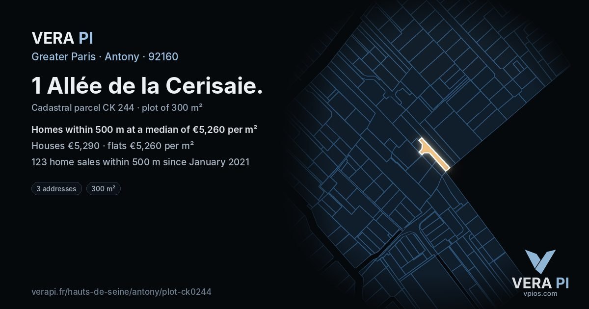 1 Allée de la Cerisaie, Antony at night – the plot lit, the parcels around coloured by the prices near them