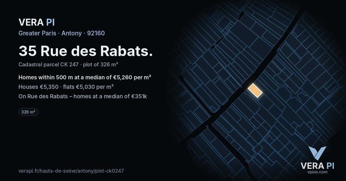 35 Rue des Rabats, Antony at night – the plot lit, the parcels around coloured by the prices near them