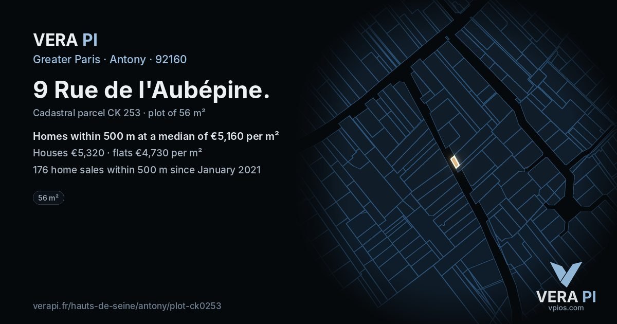 9 Rue de l'Aubépine, Antony at night – the plot lit, the parcels around coloured by the prices near them