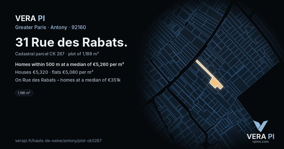 31 Rue des Rabats, Antony at night – the plot lit, the parcels around coloured by the prices near them