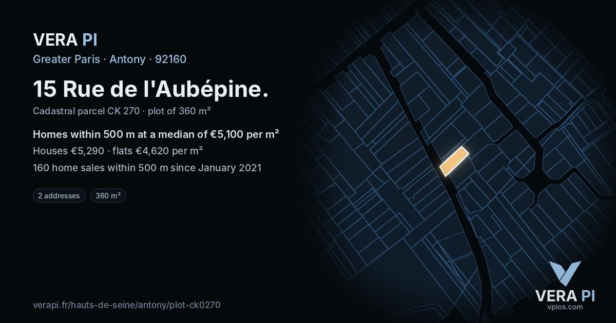 15 Rue de l'Aubépine, Antony at night – the plot lit, the parcels around coloured by the prices near them