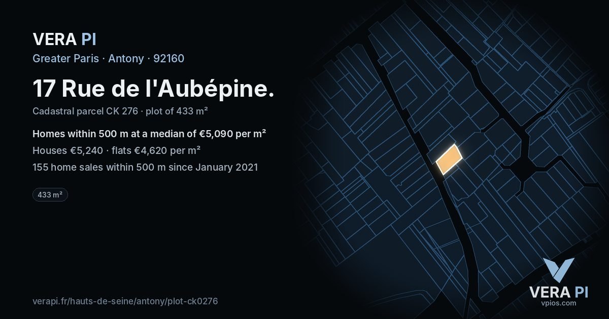 17 Rue de l'Aubépine, Antony at night – the plot lit, the parcels around coloured by the prices near them