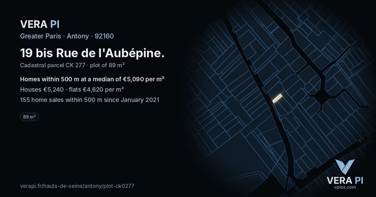19 bis Rue de l'Aubépine, Antony at night – the plot lit, the parcels around coloured by the prices near them