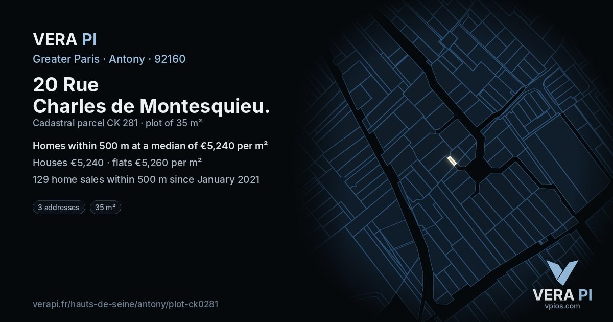 20 Rue Charles de Montesquieu, Antony at night – the plot lit, the parcels around coloured by the prices near them