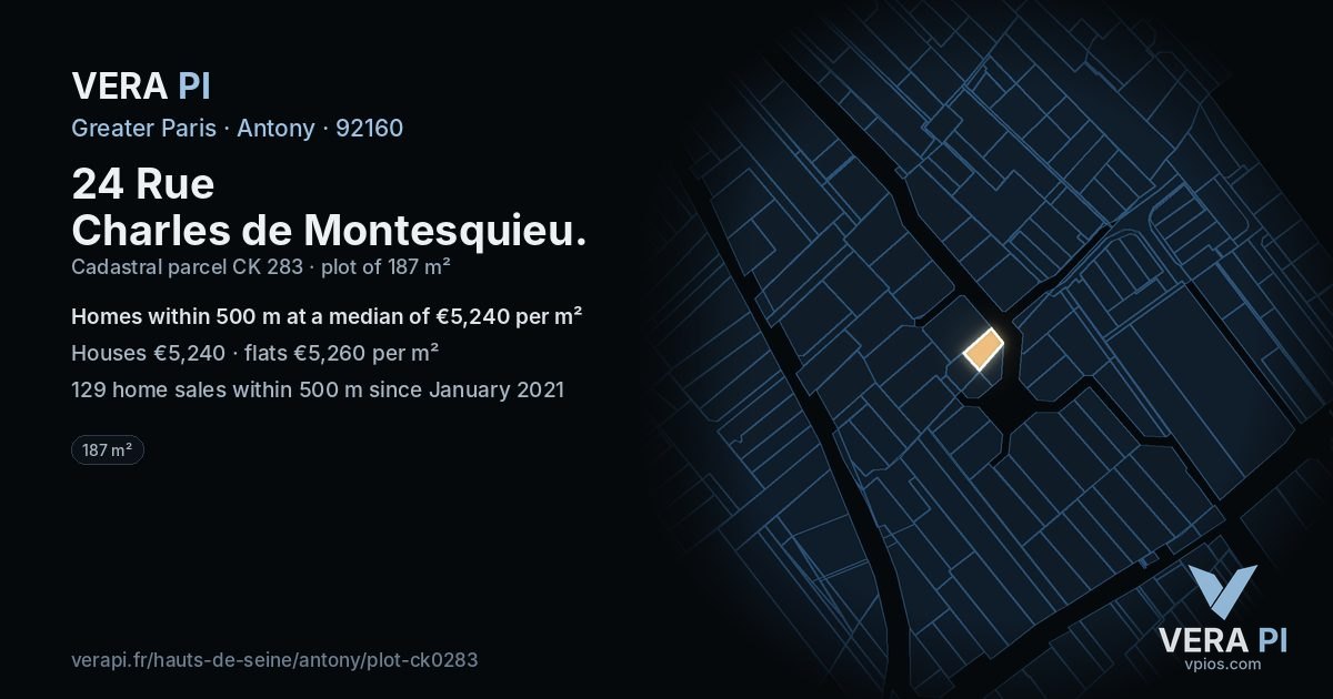 24 Rue Charles de Montesquieu, Antony at night – the plot lit, the parcels around coloured by the prices near them
