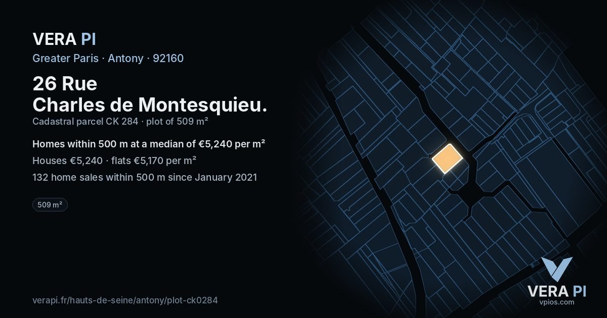 26 Rue Charles de Montesquieu, Antony at night – the plot lit, the parcels around coloured by the prices near them