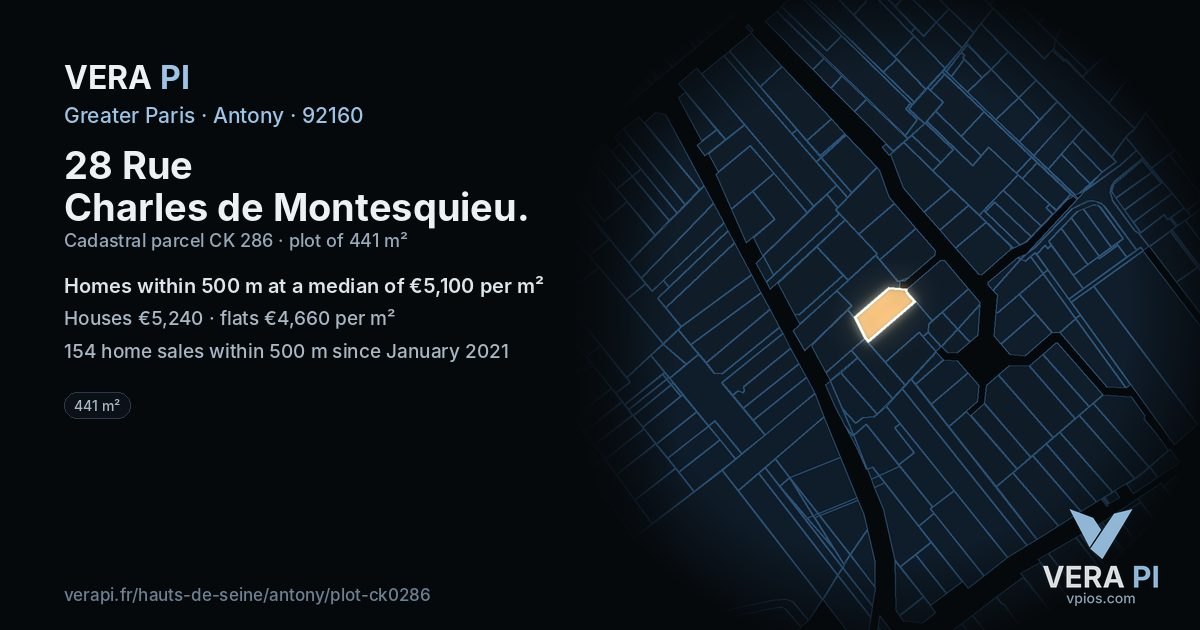 28 Rue Charles de Montesquieu, Antony at night – the plot lit, the parcels around coloured by the prices near them