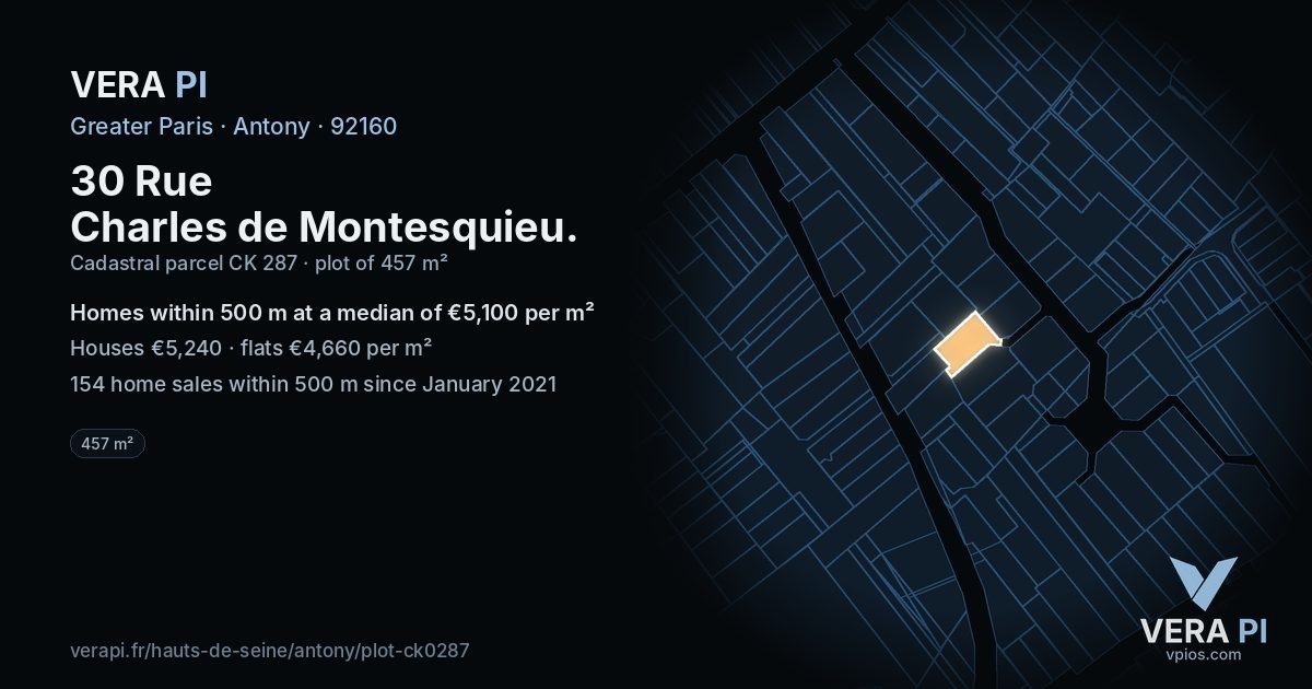 30 Rue Charles de Montesquieu, Antony at night – the plot lit, the parcels around coloured by the prices near them