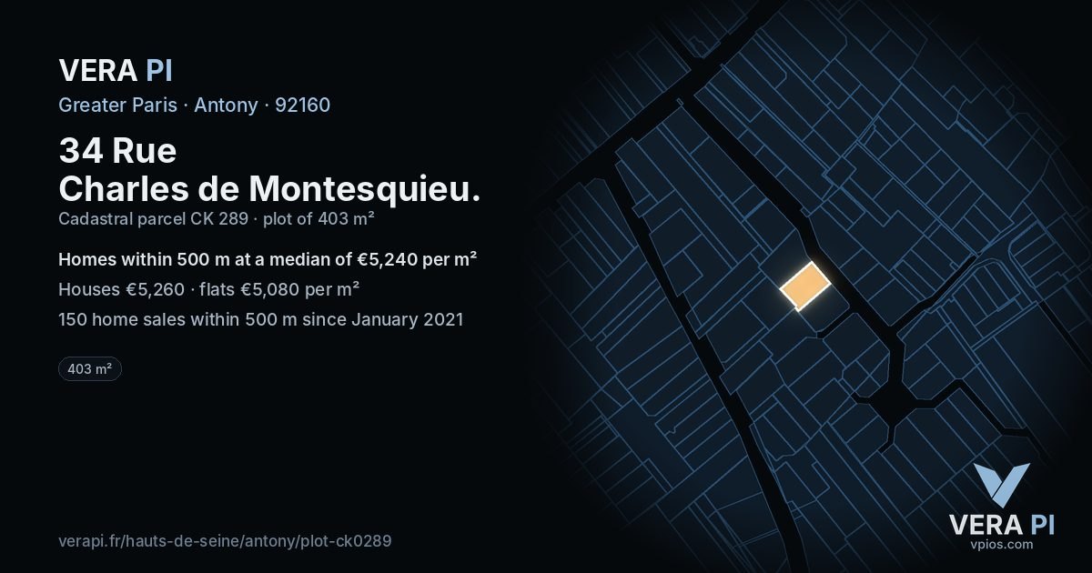 34 Rue Charles de Montesquieu, Antony at night – the plot lit, the parcels around coloured by the prices near them
